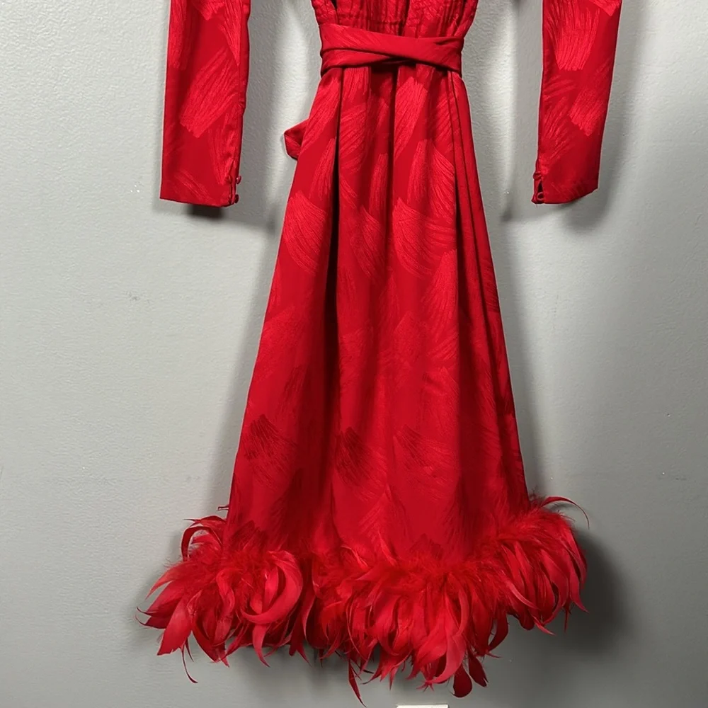 Vintage Women’s Silk Red Shift Dress Faux Feather Hem Necktie Slip on size S - Picture 6 of 17